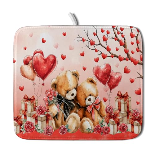 Valentines Day Dish Drying Mat Bear Lover Absorbent Kitchen Drying Mats for Countertops 18 X 16 (Red Bear Lover / 18" x 16")