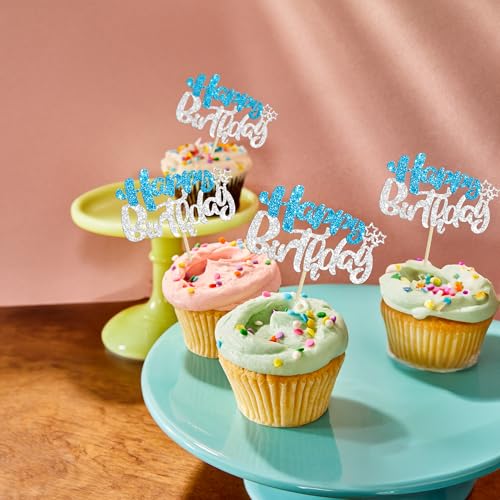 24Pcs Happy Birthday Cupcake Toppers Double Layer Glitter Happy Birthday Cake Decorations for Winter Wonderland Baby Shower Theme Anniversary Party Decorations Supplies Blue Silver (Style 1 / Blue Silver)