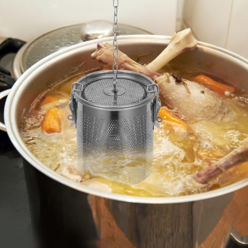 Stainless Steel Soup Seasoning Basket with Fine Mesh Strainer and Long Chain Reusable Spice Bag for Broth Stews and Tea Infusion Easy to Clean 5.11X4.44X4.44In