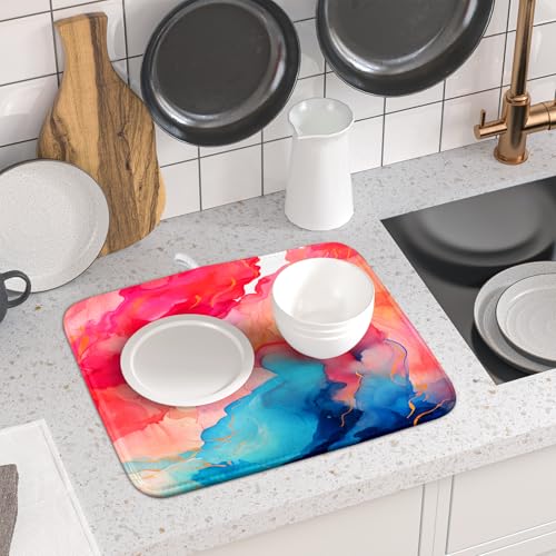 Ink Painting Dish Drying Mat Abstract Art Microfiber Drying Pads Kitchen Washable Dish Drainer Pad 16 x 18 Inch (Flowing Texture 0952 / 18" x 16")