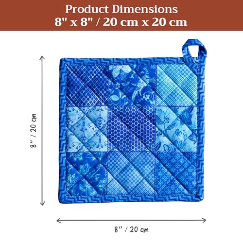 Pot Holders 100% Cotton Potholders (027 - Indigo Love / 8" x 8" (Pot Holder Pack of 1))
