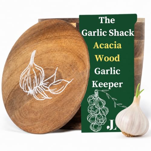 The Garlic Shack Acacia Garlic Keeper For Counter With Lid. Large 5.6 Inch