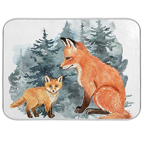 Super Absorbent Dish Drying Mat (Cute Fox Winter Christmas / 18" x 24")