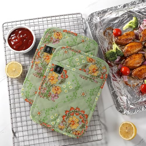 Pot Holders for Kitchen Heat Resistant Hot Pads for Countertops Oven Pot Holders Cotton Potholders for Kitchen Cooking Baking (Sweet Flowers-rectangular)