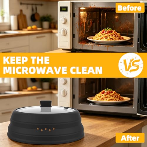 2 Pack Microwave Splatter Cover Glass Guard Lid with Collapsible Silicone for Food Pot Plate 8.5 inch and 9.8 inch Black (BLACK / Taller style 8.5 inch+common style 9.8")