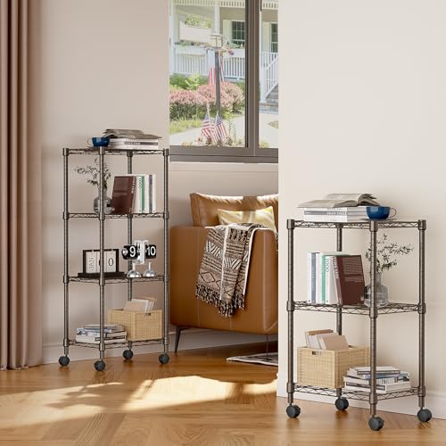 3 Tier Shelf Metal Storage Shelves Wire Rack Closet Organizers with Wheel for Garage Kitchen Bathroom Laundry Brown 11.8" D x 17.7" W x 29.8" H (3 Count)