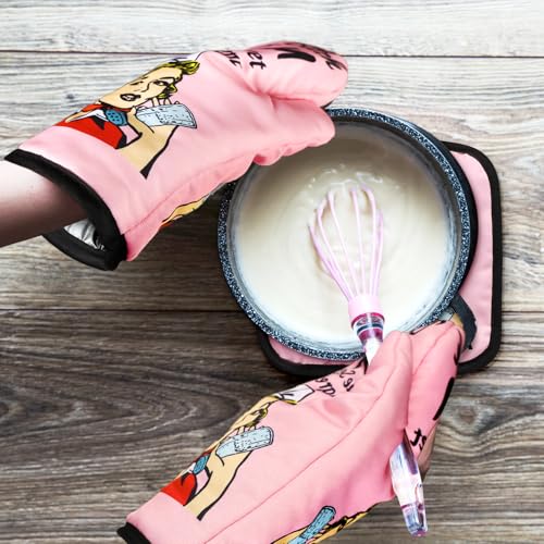Funny Oven Mitts and Pot Holders Sets Cooking BBQ Non (Pink)