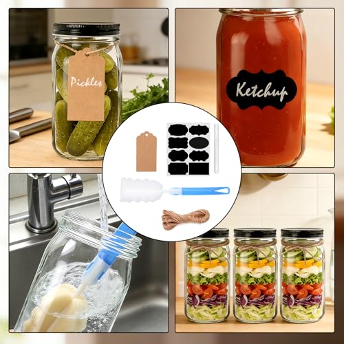 32oz Wide Mouth Mason Jars 12 Packs with Lids (32oz - Split Black Lid)