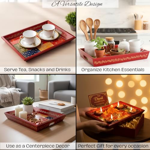 Hand Painted Wooden Serving Tray Set of 3 (Antique Red / Set of 3)