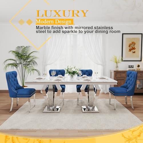 7 Piece Luxury Dining Room Set (Silver White + Blue / Dining Table + 6 Velvet Chair)