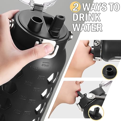64oz Glass Water Bottle with Straw and Lid (Black / 64 Ounces)