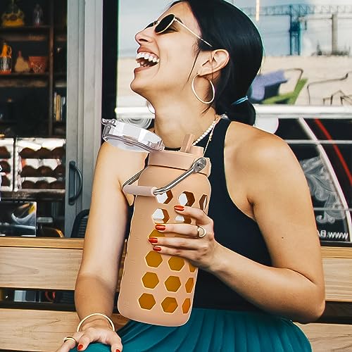 64oz Glass Water Bottle with Straw and Lid (Amber / 64 Ounces)