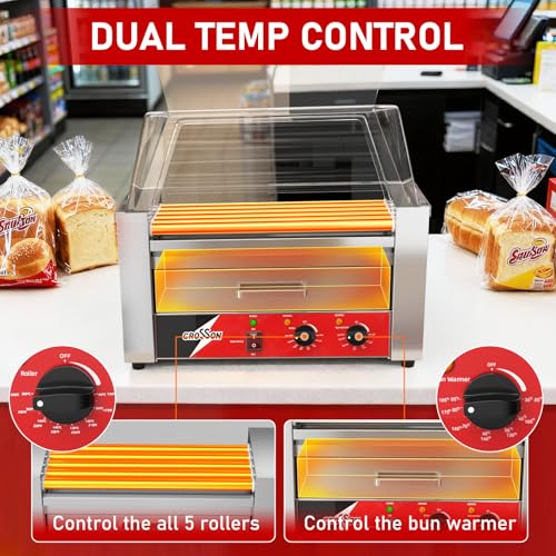Hot Dog Roller 5 Rollers 12 Hot Dogs Capacity (5 Roller W/Cover &Bun Warmer)