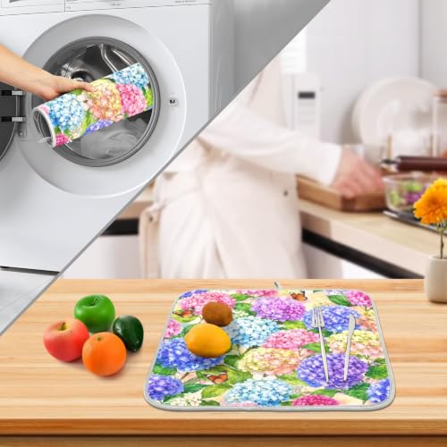 Hydrangea Flowers with Butterfly Dish Drying Mat for Kitchen Counter Absorbent Microfiber Large Drying Pad Dish mats for Kitchen Countertops 18 x 24 Inch (Spring Hydrangea Flowers / 24" x 18")