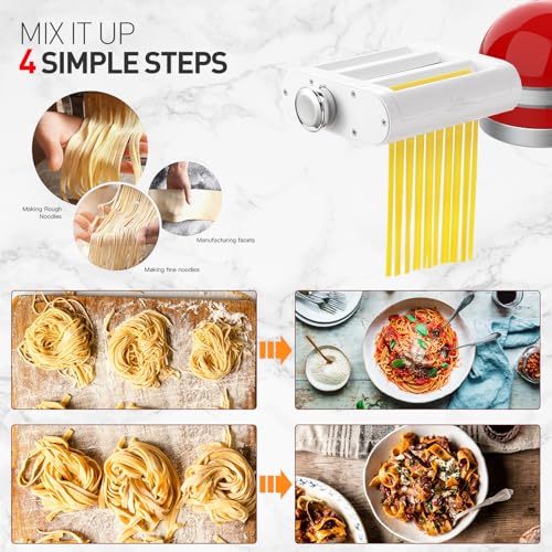 3 1 Pasta Maker Attachment for KitchenAid includes Pasta Sheet Roller attachment & Spaghetti Cutter & Fettuccine Cutter attachment (White+Silver)
