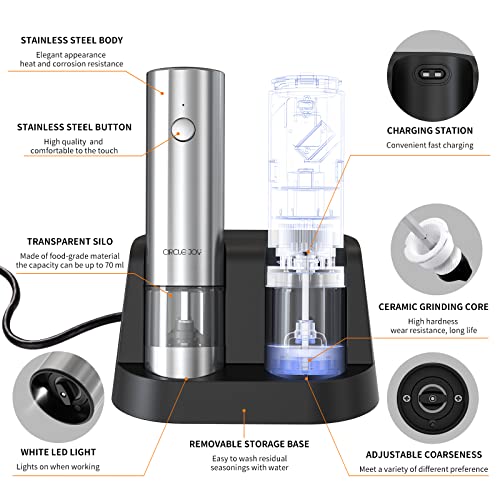 Electric Salt and Pepper Grinder Set Stainless Steel Spice Grinder Automatic Pepper Mills with Easy (Upgrade Silver)