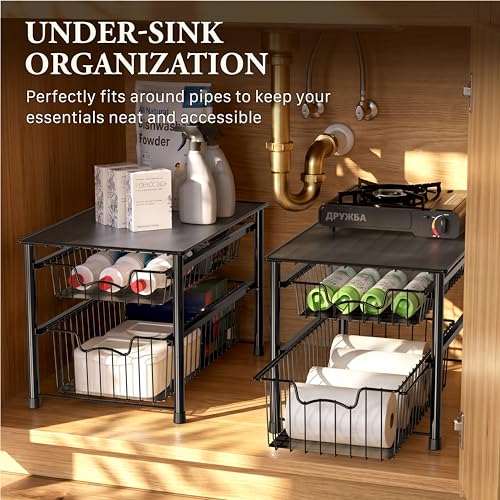 Stackable Sliding Basket Organizer Drawer (2-tier / Black)