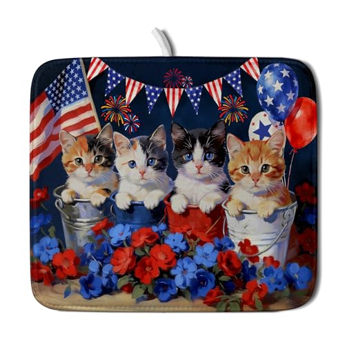 4th of July Dish Drying Mat Patriotic Cats Dish Drying Rack Mat for Kitchen Counter Small (Patriotic Cat Blue / 18" x 16")