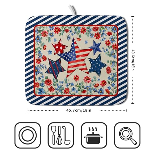Patriotic Dish Drying Mat for Kitchen Counter Small（American Flag） (Patriotic Stars Blue / 18" x 16")