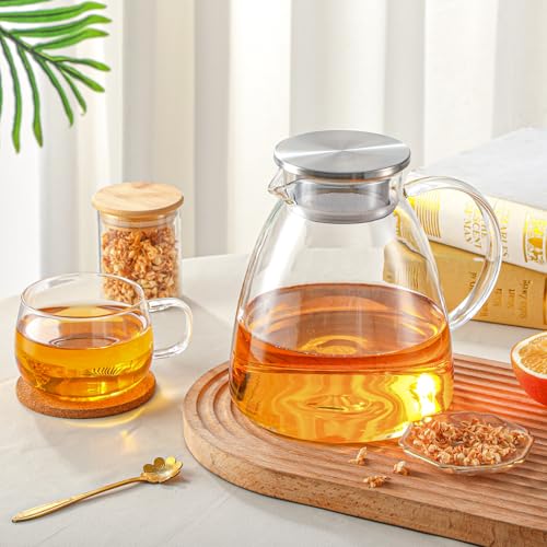 68OZ 2000ML One Touch Glass Teapot with Stainless Steel Filter Lid (68OZ (Square Bottom))