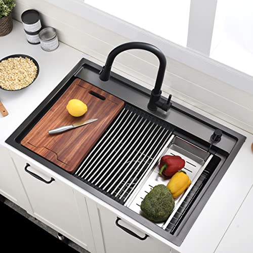 33 Inch Black Drop In Kitchen Sink (33"L x 22"W x 10"D / Black（Splash Guard）)