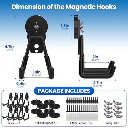 8 Pack Large Magnetic Hooks Heavy Duty Extra Strong Magnetic Garage Hooks Big NdFeB Industrial Magnet Hooks Magnetic Utility Storage Holder Organization with Anti (1.6" Magnet-8 Pack-Black)