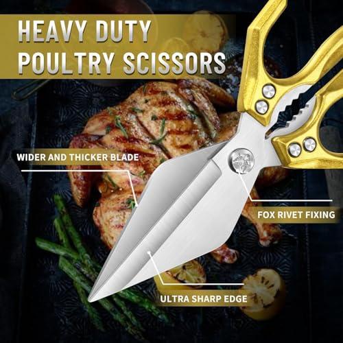 Heavy Duty Poultry Shears for Food with Golden Ergonomic Handle