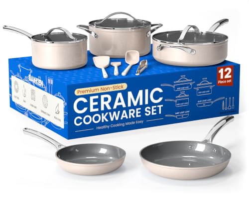 Bakken 12 Piece Ceramic Cookware Set (Cream / Pack of 12)