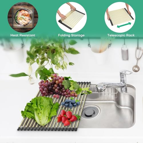 Expandable Roll Up Dish Drying Rack (Black+gold Expandable)