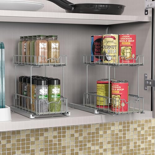2 Tier Spice Rack Slide Out Wire Basket Drawer (Silver)