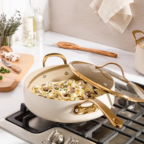 Non Stick Frying Pan (Almond Cream w/ Gold Handle / Saute Pan w/ Lid (6-Quart))