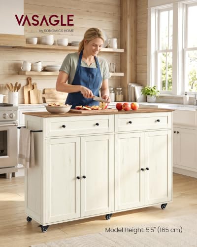 Mobile Kitchen Wooden Island Cart with Storage for Dining Room (Rustic White + Honey Brown / 15.8"D x 53.7"W x 35.1"H)