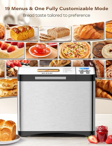 19-in-1 Programmable Bread Maker, 2.2LB Bread Machine with Healthy Ceramic Pan, Stainless Steel Bread Maker Machine with 15H Timer& 1H Keep Warm, Sourdough, Gluten Free, 3 Crust Colors, 53 Recipes (Solid Silver Stainless Steel)