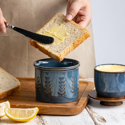 Ceramic Butter Crock with Lid for Countertop (Blue / Leaf-3.94"dia)