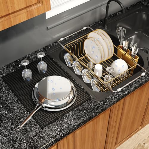Gold Expandable Dish Drying Rack Over Sink with Extra Drying Mat (Gold / For 11.5"-16" W Sink with Cup Holder & Mat)