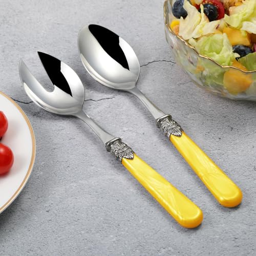 2 piece Salad Servers Stainless Steel Salad Serving Set Salad Fork and Spoon (Yellow)