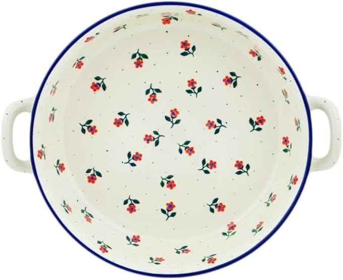 Polmedia Polish Pottery Round Baker with Handles 10-inch - Full Bloom Pattern Handmade in Boleslawiec Poland by Ceramika Artystyczna + Certificate of Authenticity