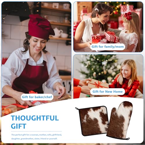 Brown Cow Print Oven Mitts and Pot Holders Sets Heat Resistant 4Pcs Potholders Oven Gloves Hot Pads for Kitchen Baking Cooking Grilling BBQ (Brown Cow Print)