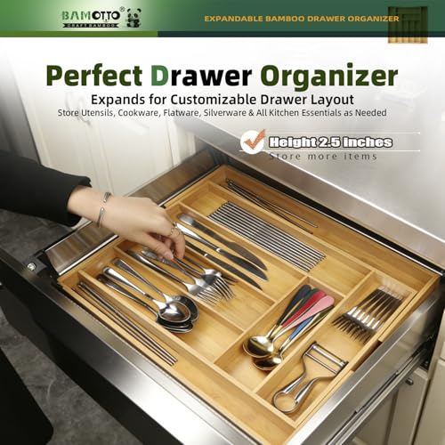 Expandable Bamboo Drawer Organizer for Kitchen (Bamboo (Expandable Adjustable) / 16.9" L x 12.8-20" W x 2.5" H)