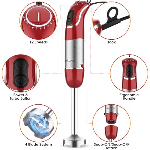 Immersion Blender Handheld (800 W & 12 Speed / Red)
