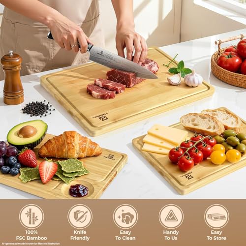 Bamboo Cutting Boards Set of 4 for Kitchen with Wood Storage Stand (Natural Bamboo Color)