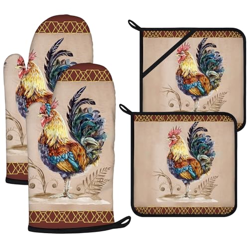 Vintage Rooster Oven Mitts and Pot Holders Sets 4Pcs (Vintage Rooster)