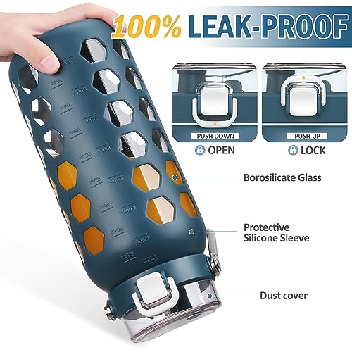 64oz Glass Water Bottle with Straw and Lid (Blue / 64 Ounces)