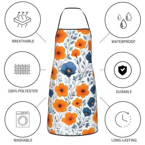 Burnt Orange and Blue Floral Waterproof Kitchen Aprons Polyester Chef Bib Apron with Pockets for Women Men