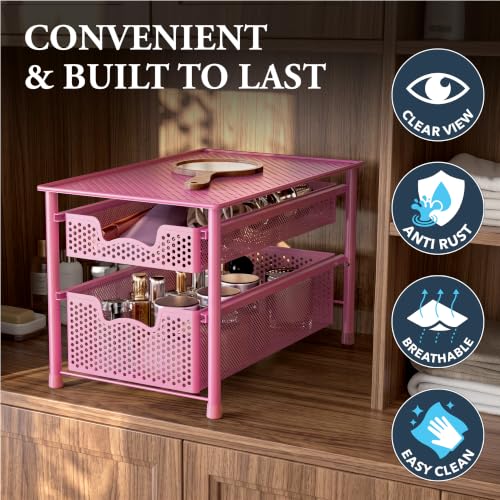 Stackable 2 Tier Sliding Basket Organizer Drawer (2-Tier / Pink)