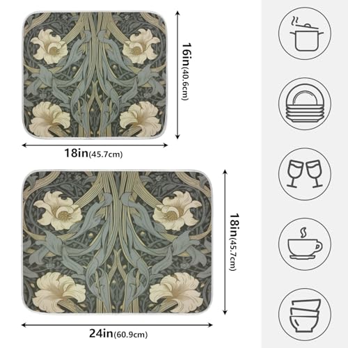 William Morris Flowers Print Dish Drying Mat for Kitchen Counter Absorbent Microfiber Small Drying Pad Dish Mats for Kitchen Countertops 16 x 18 Inch (18" x 16")