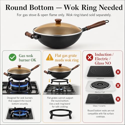 12.6 Inch Round Bottom Cast Iron Wok with Glass Lid (12.6 Inch Round Bottom)