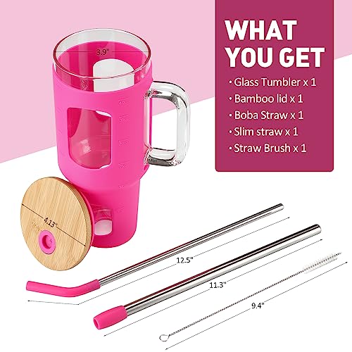 Glass Tumbler with Straw and Lid (Rose Red / 40 Ounces)