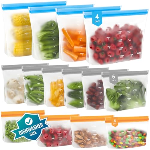 Dishwasher Safe Reusable Storage Bags Stand Up (Multicolor (4 Gallon + 6 Sandwich + 4 Snack ))