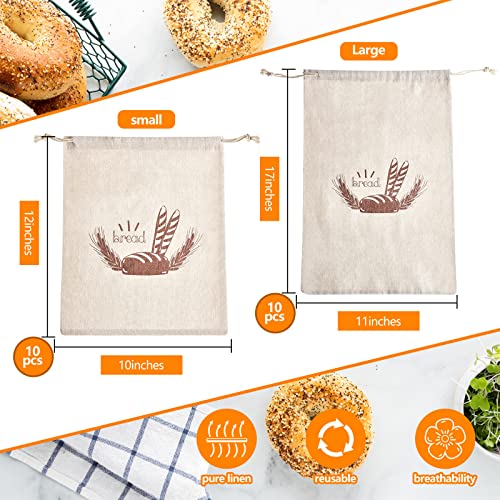 20 Pcs Linen Bread Bag for Homemade Bread Reusable 2 Sizes 10" x 12" and 11" x 17" Unbleached Container Drawstring Natural Bags Storage for Food Baking Kitchen Sandwich Bakery Picnic Wedding